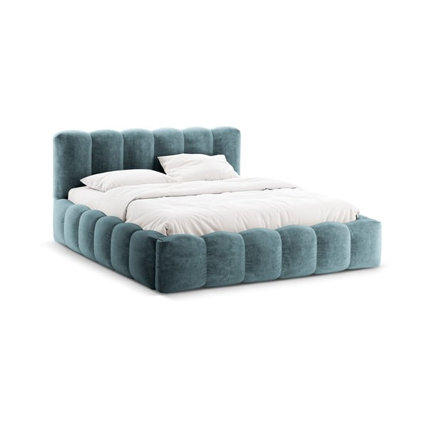 Niebieskie tapicerowane łóżko dwuosobowe ze schowkiem i stelażem 200x200 cm Lupine – Micadoni Home-image-3