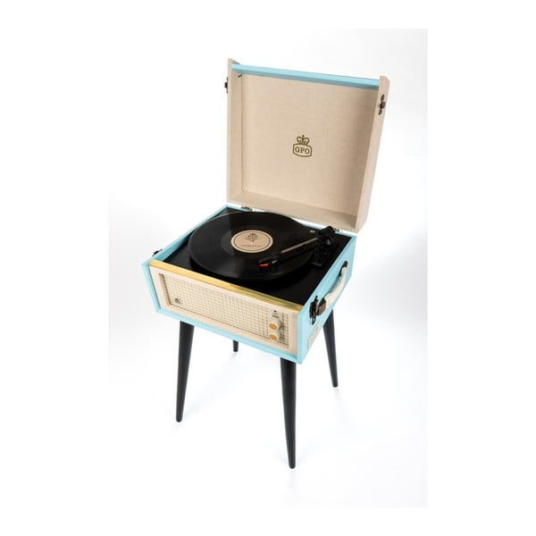Jasnoniebieski gramofon z radiem na nóżkach GPO Bermuda Blue