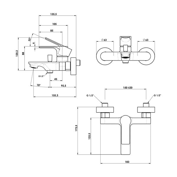 Bateria wannowa ścienna w kolorze matowej czerni (2 otwory) Pax – Sapho-image-2