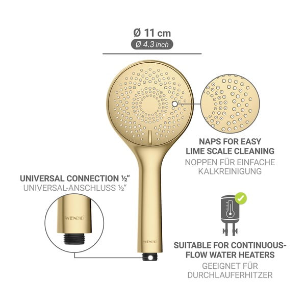 Plastikowa słuchawka prysznicowa z funkcją oszczędzania wody w kolorze matowego złota ø 11 cm Watersaving System – Wenko-image-4