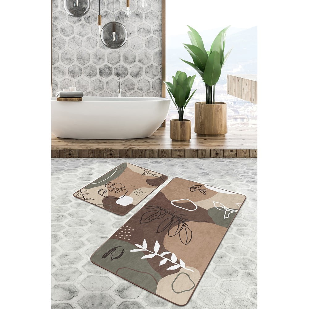 Brązowe aksamitne dywaniki łazienkowe zestaw 2 szt. 60x100 cm Abstract Faces – Mila Home (zdjęcie 3)