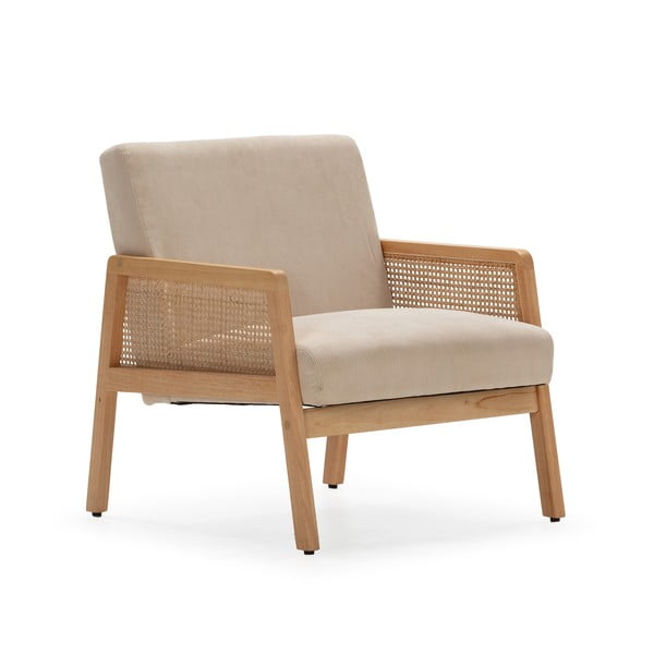 Beżowy sztruksowy fotel z plecionką Debra – Marckeric