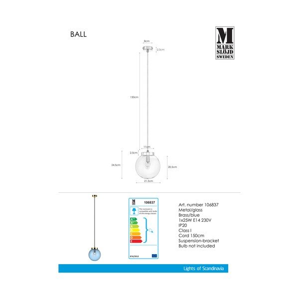 Niebieska lampa wisząca z detalem w kolorze złota Markslöjd Ball Two, ⌀ 22 cm-image-3