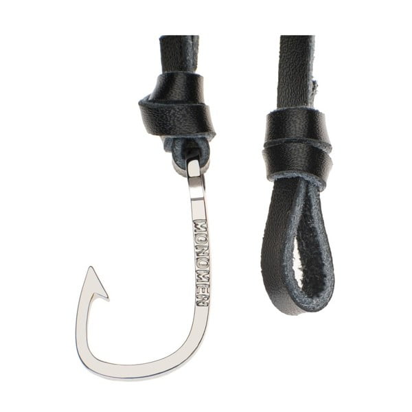 Męska czarna bransoleta z prawdziwej skóry z komponentem w srebrnym kolorze Monomen Hook-image-1