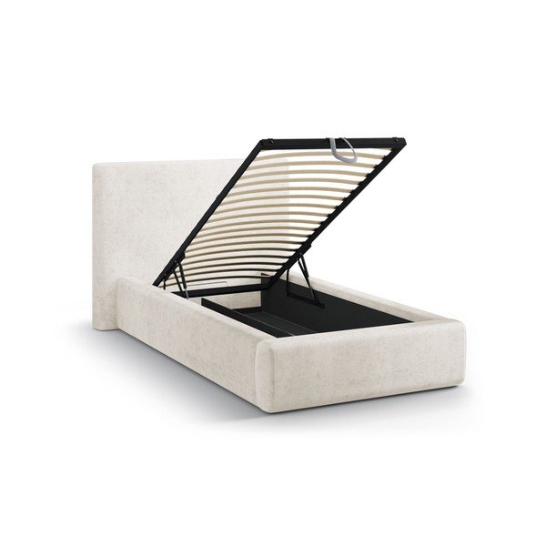 Kremowe tapicerowane łóżko jednoosobowe ze schowkiem i stelażem 90x200 cm Amy – Micadoni -image-1