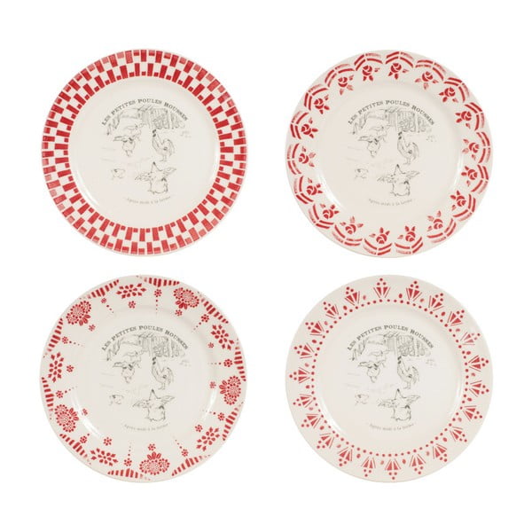 Zestaw 4 czerwono-białych talerzy deserowych Comptoir de Famille Galline, 21 cm
