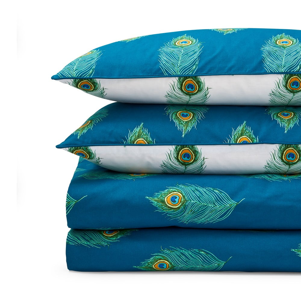 Biało-zielononiebieska bawełniana pościel jednoosobowa 135x200 cm Peacock Feather – Their Nibs