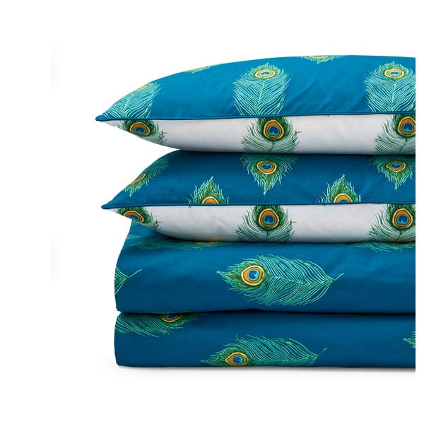 Biało-zielononiebieska bawełniana pościel jednoosobowa 135x200 cm Peacock Feather – Their Nibs