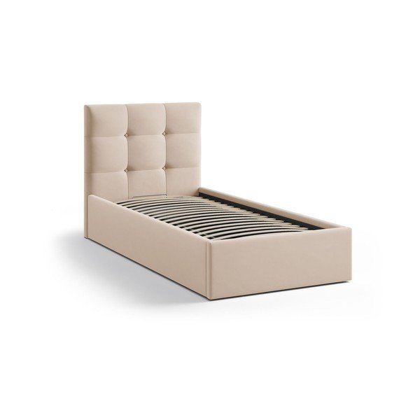 Jasnobrązowe tapicerowane łóżko jednoosobowe ze schowkiem i stelażem 90x200 cm Phaedra – Micadoni -image-2