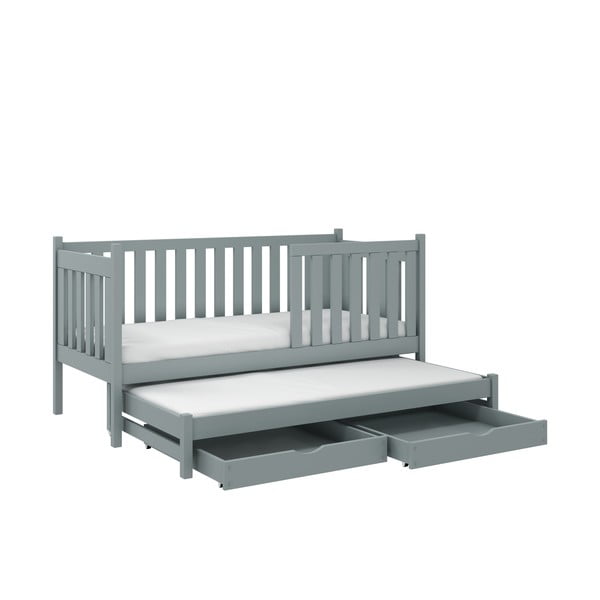 Szare łóżko dziecięce z drewna sosnowego z wysuwanym łóżkiem ze schowkiem 80x180 cm Kaja V5 – Lano Meble