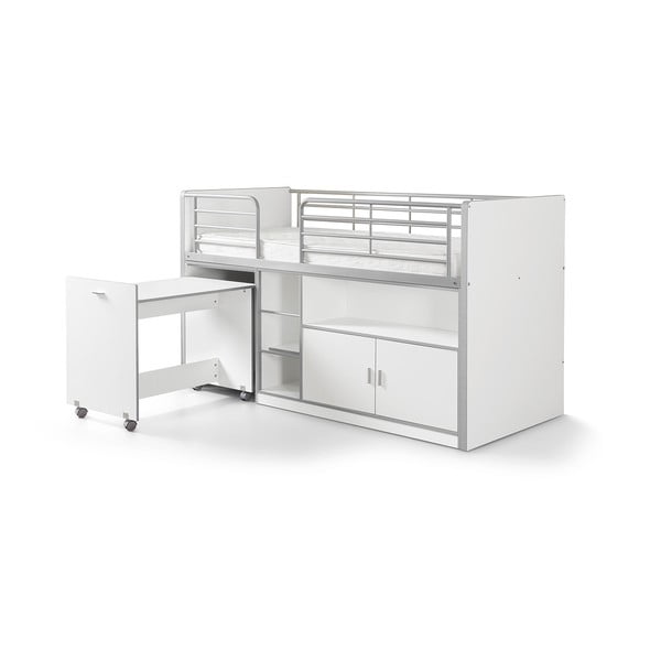 Białe łóżko piętrowe z wysuwanym biurkiem i schowkiem Vipack Bonny, 200x90 cm