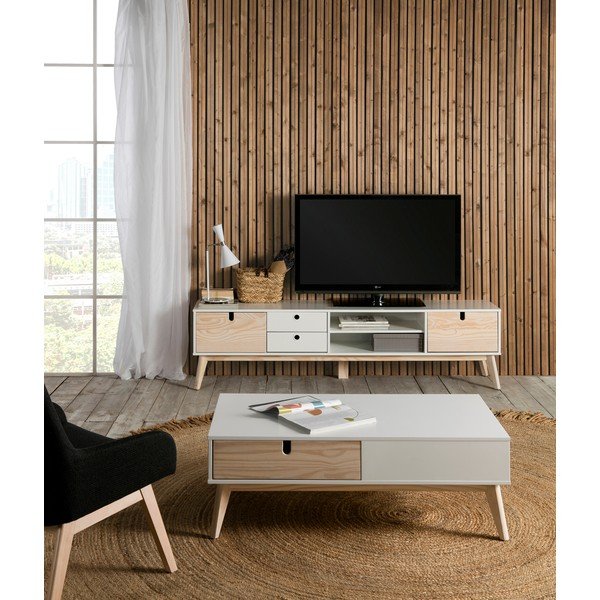 Biała szafka pod TV z nogami z drewna sosnowego Marckeric Kiara-image-1