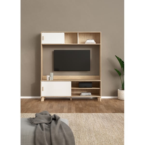 Biało-naturalny zestaw pod TV w dekorze dębu 159x181x48 cm Ikast – Tvilum-image-1