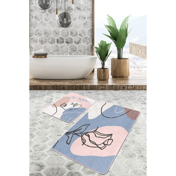 Niebiesko-różowe aksamitne dywaniki łazienkowe zestaw 2 szt. 60x100 cm Abstract Faces – Mila Home-image-1