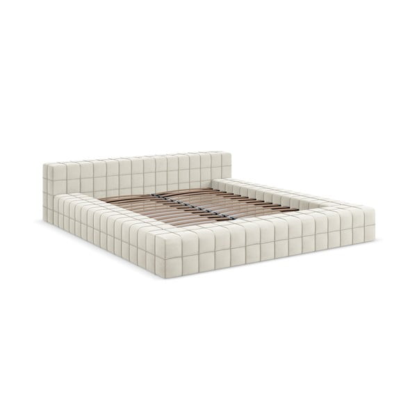 Kremowe tapicerowane łóżko dwuosobowe ze stelażem 140x200 cm Akela – Makamii