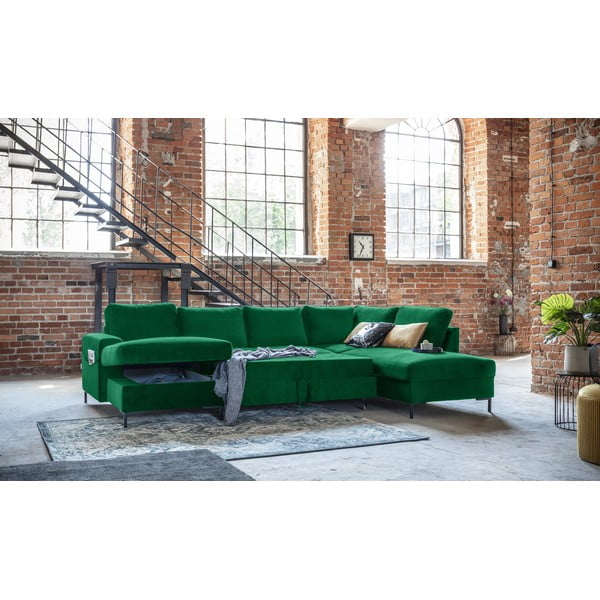 Zielona aksamitna rozkładana sofa w kształcie litery "U" Miuform Lofty Lilly, prawostronna-image-4