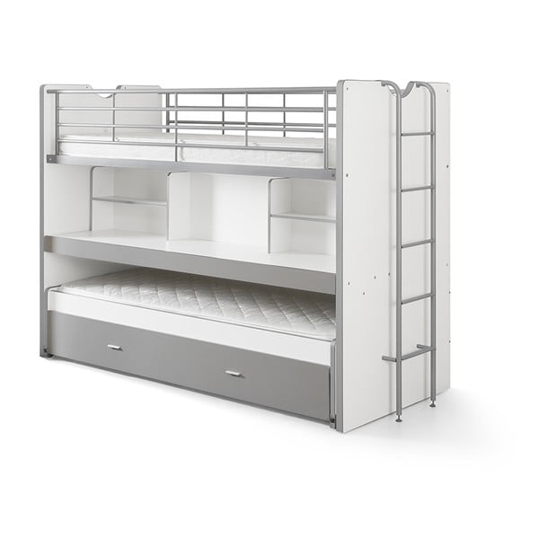 Biało-szare dziecięce łóżko piętrowe z wysuwanym łóżkiem, schowkiem i stelażem 90x200 cm Bonny – Vipack