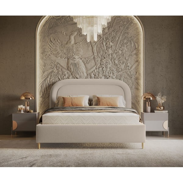 Beżowe tapicerowane łóżko dwuosobowe ze schowkiem i stelażem 160x200 cm Mija – Maison de Rêve-image-4