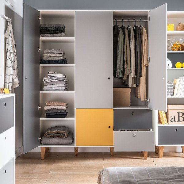 Biało-szara trzydrzwiowa szafa z żółtym detalem Vox Concept-image-3