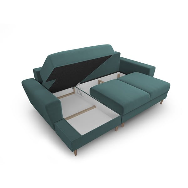 Morski aksamitny rozkładany narożnik ze schowkiem (lewostronny/z szezlongiem) Kyoto – Cosmopolitan Design-image-3