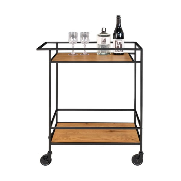 Barek na kółkach z czarną stalową konstrukcją i 2 półkami w dekorze dębu House Nordic Vita-image-4