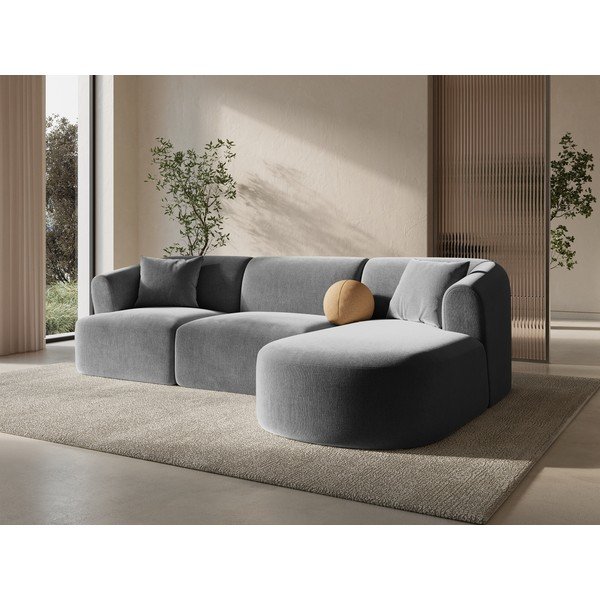 Jasnoszary aksamitny narożnik (prawostronny/z szezlongiem) Campi – Cosmopolitan Design-image-1