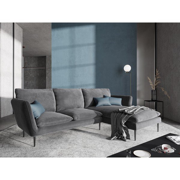 Jasnoszara aksamitna sofa narożna Mazzini Sofas Acacia, prawostronna-image-1