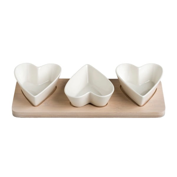 Komplet 3 porcelanowych miseczek na bambusowej tacy Brandani Hearts