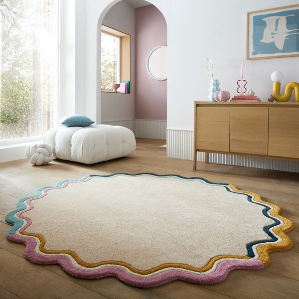 Wełniany okrągły dywan tkany ręcznie w naturalnym kolorze ø 180 cm Leo Scallop – Flair Rugs-image-1