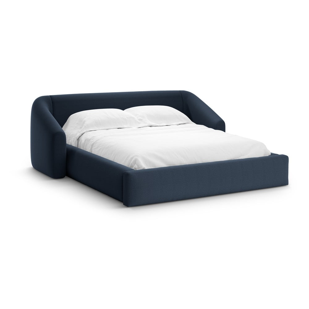 Ciemnoniebieskie tapicerowane łóżko dwuosobowe ze schowkiem ze stelażem 160x200 cm Campi – Cosmopolitan Design