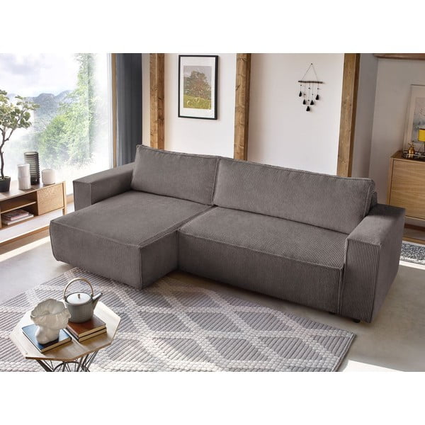 Szarobrązowy sztruksowy rozkładany/ze schowkiem narożnik Nihad – Bobochic Paris-image-1