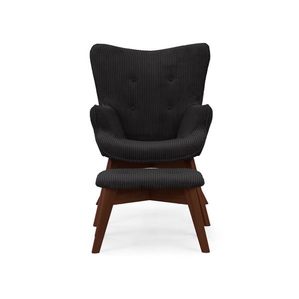 Czarny sztruksowy fotel z podnóżkiem Niko – Ropez-image-3