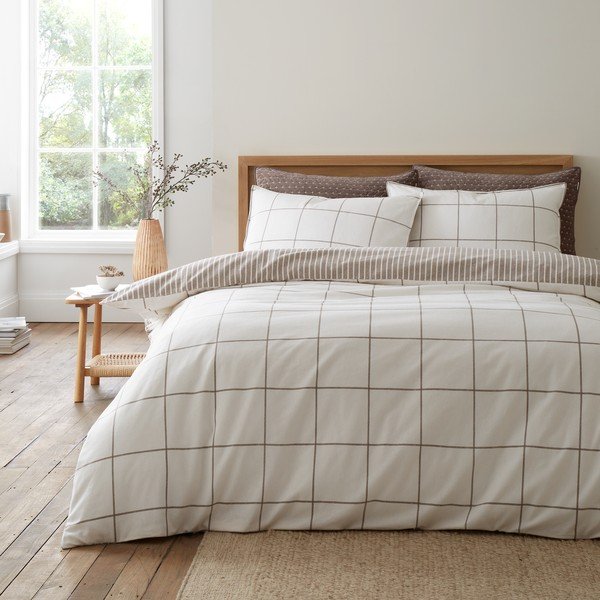 Kremowa/szarobrązowa flanelowa pościel jednoosobowa 135x200 cm Brushed Regal Check – Bianca-image-1