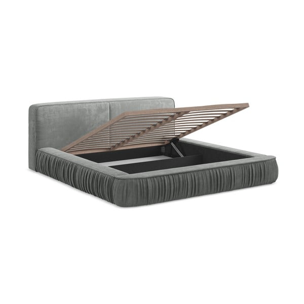 Szare tapicerowane łóżko dwuosobowe ze schowkiem i stelażem 160x200 cm Keoni – Makamii-image-4