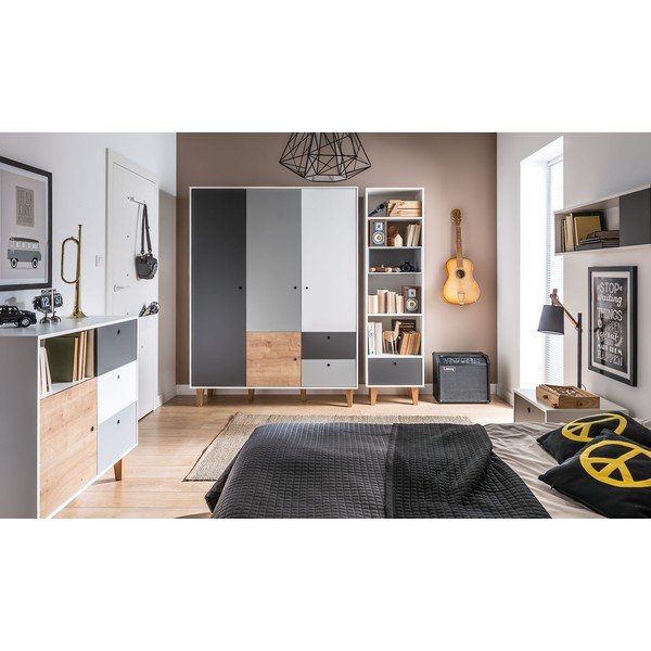 Biało-szara trzydrzwiowa szafa z drewnianym detalem Vox Concept-image-1