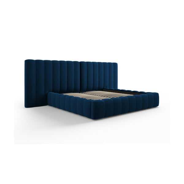 Ciemnoniebieskie tapicerowane łóżko dwuosobowe ze schowkiem i stelażem 180x200 cm Gina – Milo Casa