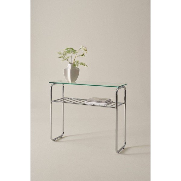 Konsola ze szklanym blatem w kolorze srebra z połyskiem 32x100 cm Walle – Jotex-image-1