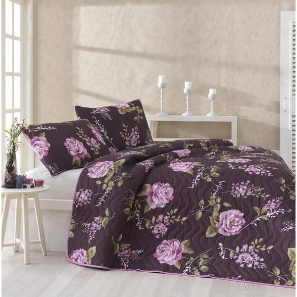Pikowana narzuta i poszewki na poduszki Serenay Purple, 200x220 cm