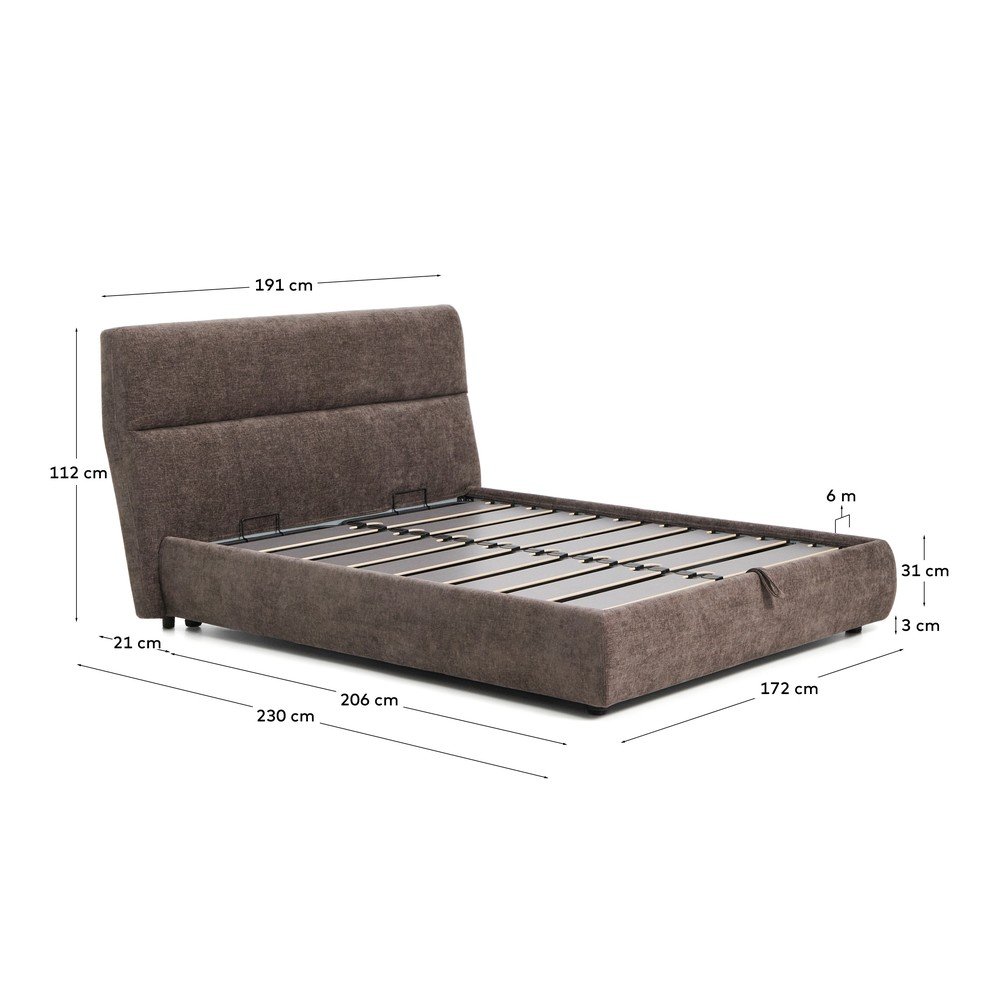 Ciemnobrązowe tapicerowane łóżko dwuosobowe z szenilu ze schowkiem ze stelażem 160x200 cm Dafra – Kave Home (zdjęcie 8)