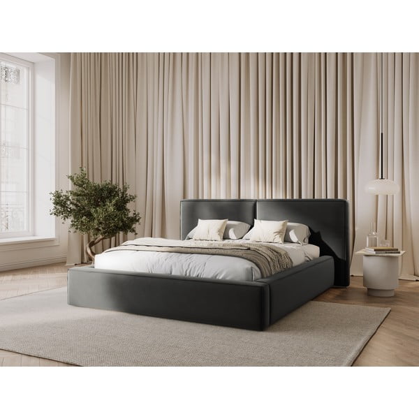 Szare aksamitne tapicerowane łóżko dwuosobowe ze schowkiem i stelażem 180x200 cm Arendal – Cosmopolitan Design-image-1