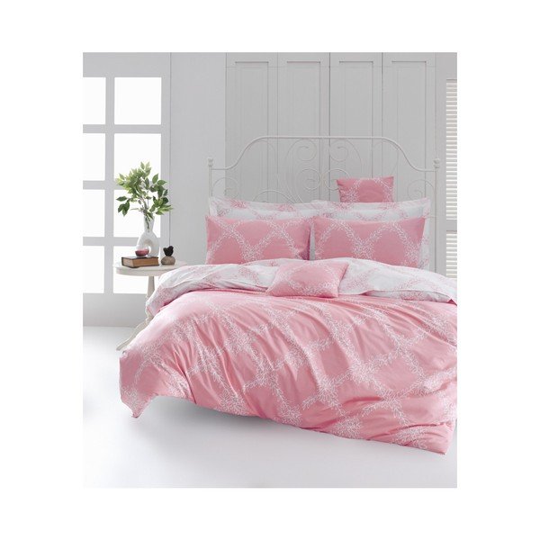 Pościel dwuosobowa z prześcieradłem z bawełny ranforce Mijolnir Nadine Pink, 200x220 cm