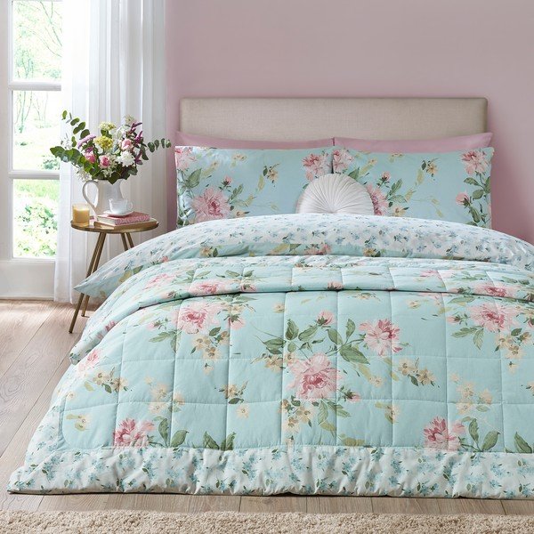 Niebieska narzuta pikowana 220x230 cm Avebury Floral – Catherine Lansfield-image-1