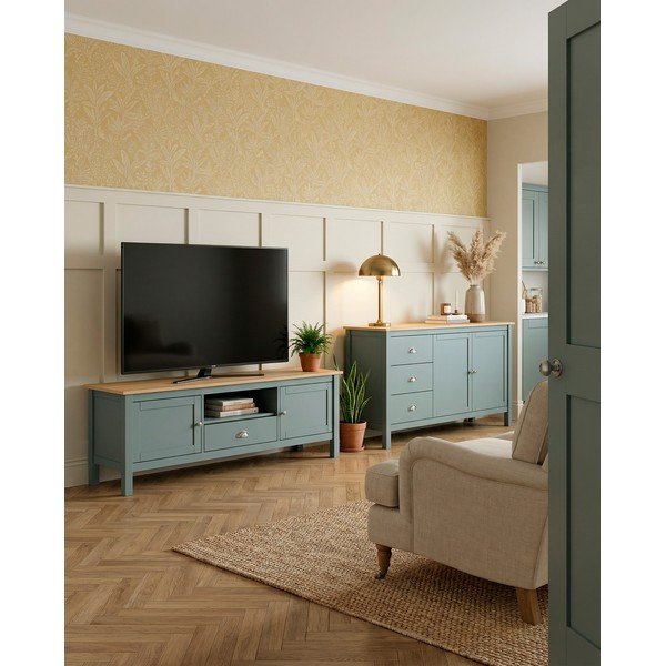 Szarozielona szafka pod TV z litego drewna sosnowego 158x53x40 cm Misti – Marckeric-image-1