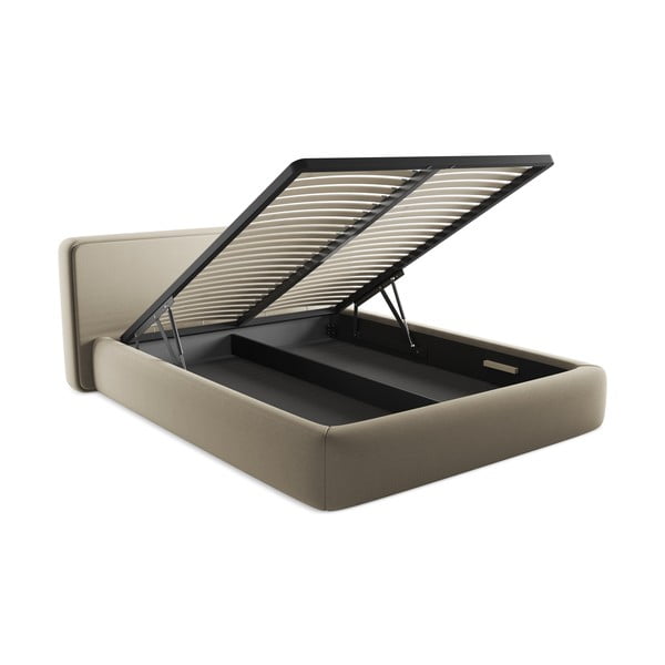 Beżowe tapicerowane łóżko dwuosobowe ze schowkiem i stelażem 160x200 cm Kiana – Makamii-image-3