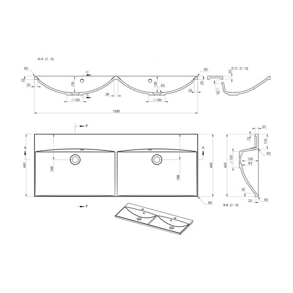 Biała umywalka podwójna z kompozytu mineralnego 120x46 cm Maria – Sapho-image-1
