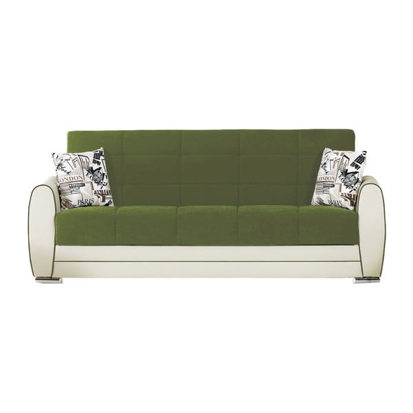 Zielono-kremowa trzyosobowa sofa rozkładana ze schowkiem Esidra Rest