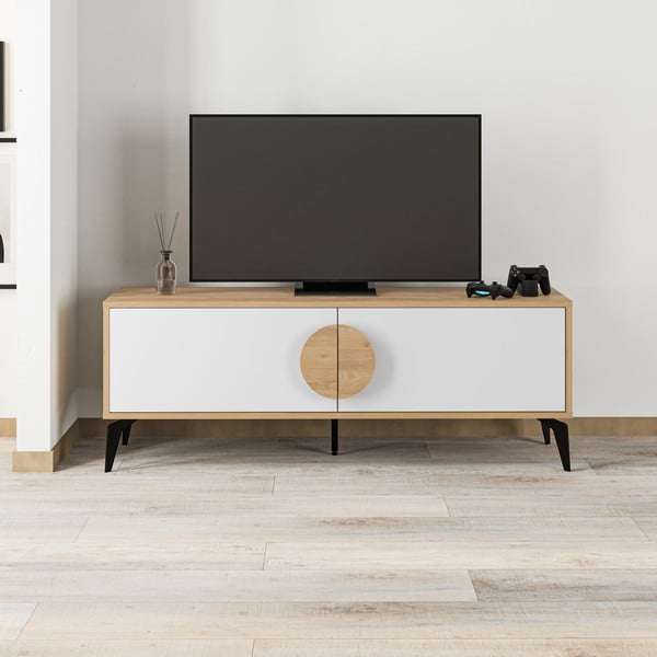 Biała szafka pod TV w dekorze dębu 140x51 cm Vae – Marckeric-image-2