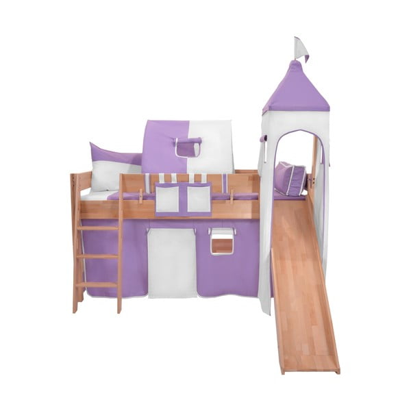 Dziecięce łóżko piętrowe ze zjeżdżalnią i fioletowo-białym zamkiem z bawełny Mobi furniture Luk, 200x90 cm