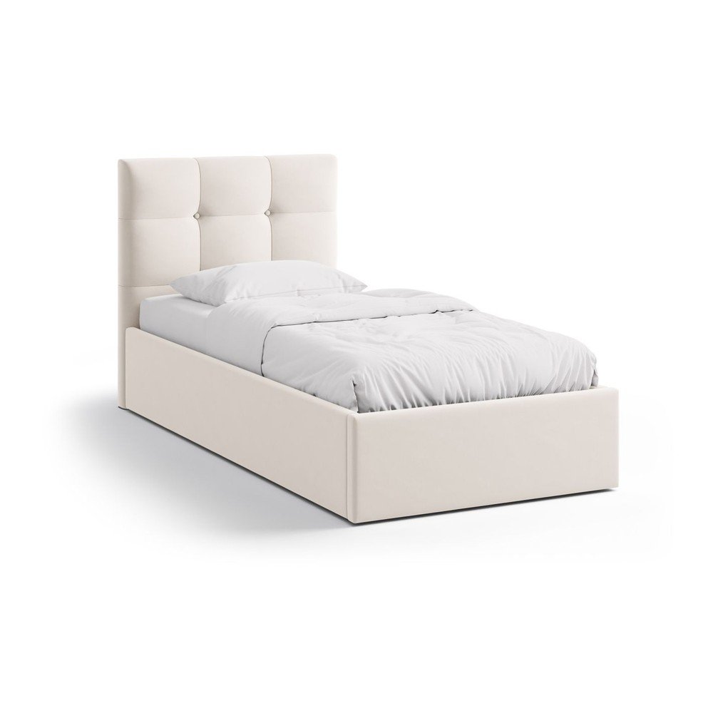 Kremowe tapicerowane łóżko jednoosobowe ze schowkiem i stelażem 90x200 cm Phaedra – Micadoni