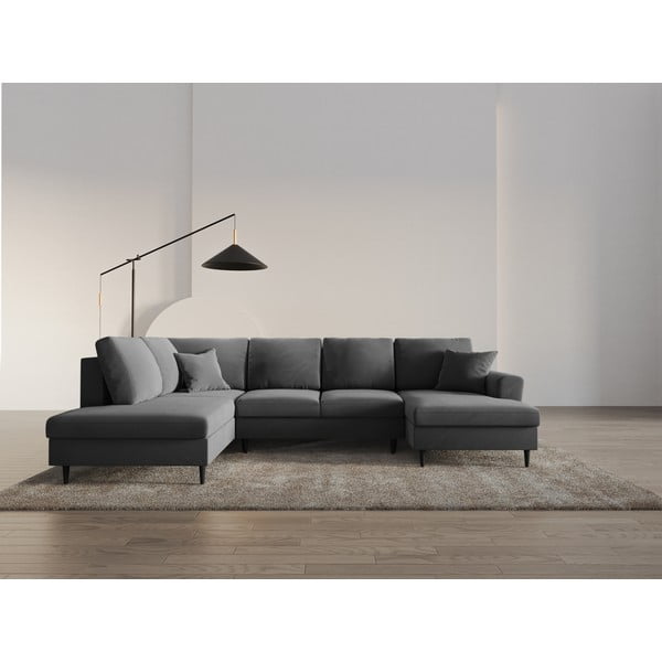 Jasnoszary aksamitny rozkładany narożnik ze schowkiem (lewostronny/w kształcie litery U) Kyoto – Cosmopolitan Design-image-2